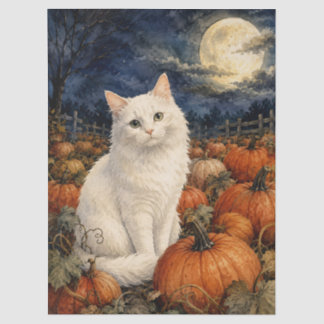 Aquarell Weiße Katze auf Kürbisfeld Seidenpapier