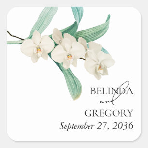 Aquarell Weiße Orchideen Florale Hochzeit Quadratischer Aufkleber