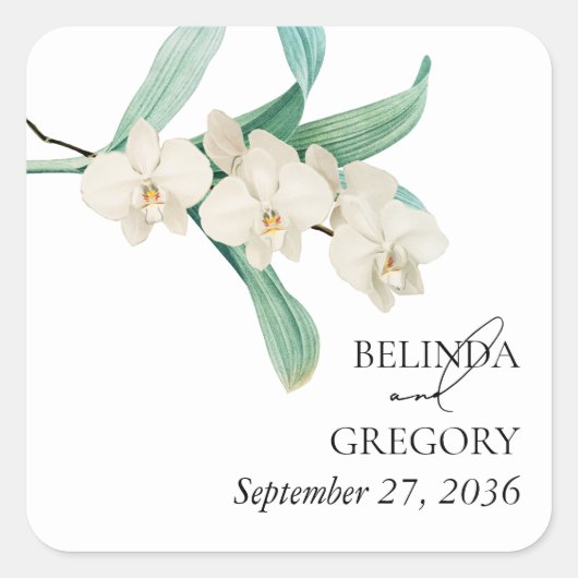 Aquarell Weiße Orchideen Florale Hochzeit Quadratischer Aufkleber (Vorderseite)