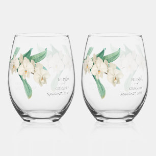 Aquarell Weiße Orchideen Florale Hochzeitsgeschenk Weinglas Ohne Stiel