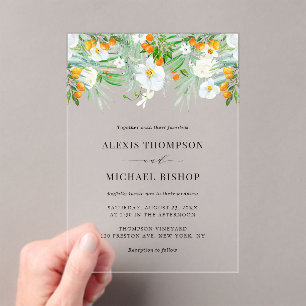 Aquarell Weiße Orchideen und Kumquats Hochzeit Acryleinladungen