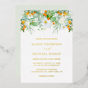 Aquarell Weiße Orchideen und Kumquats Hochzeit Folieneinladung