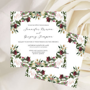 Aquarell Weiße Rosen mit Cranberry-Blüten Einladung