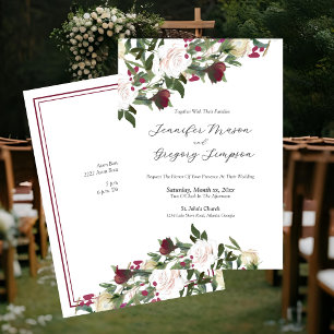 Aquarell Weiße Rosen mit Cranberry Hochzeit Einladung