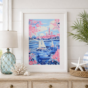 Aquarell Weiße Segelboote Blaue Gewässer Rosa Blum Poster