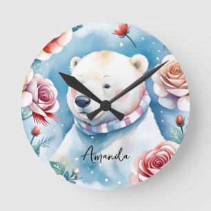 Aquarell Weißer Eisbär und rote Rosen Runde Wanduhr