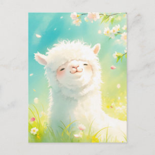 Aquarell Weißes Alpaka und rosa Kirschblüte Postkarte