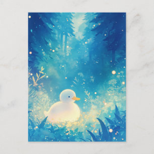 Aquarell Weißes Entlein im magischen blauen Wald Postkarte