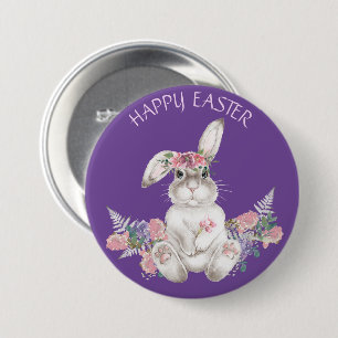 Aquarell Weißes Kaninchen - Florales Frohe Ostern Button