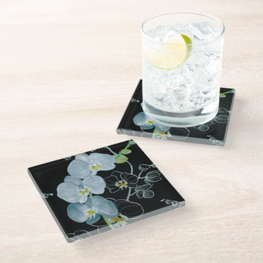 Aquarell-weißes Orchideen-Muster Glasuntersetzer (Schrägansicht)