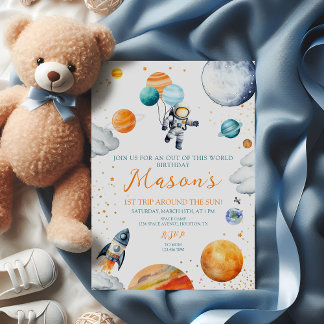Aquarell Weltraum Astronaut 1. Geburtstag Einladung