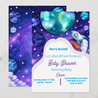 Aquarell Weltraum-Baby Shower Raketen-Einladung Einladung
