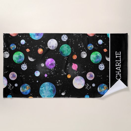 Aquarell Weltraumplaneten Personalisierte Galaxie Strandtuch (Vorderseite)