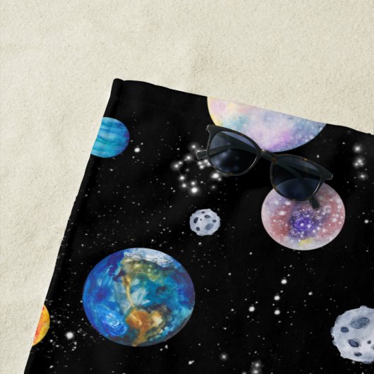 Aquarell Weltraumplaneten Personalisierte Galaxie Strandtuch (Beispiel)