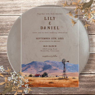 Aquarell Western Mountain Cowboy Ranch Hochzeit Acryleinladungen