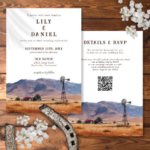 Aquarell Western Mountain Ranch QR Code Hochzeit Einladung