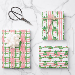 Aquarell-whimsischer Karo-Weihnachtsbäume Geschenkpapier Set