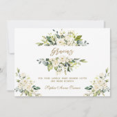 Aquarell White Floral Gold Gracias Baby Dusche Dankeskarte (Vorderseite)