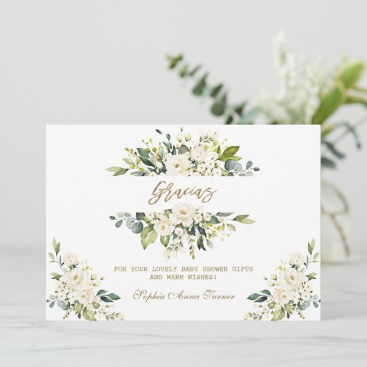 Aquarell White Floral Gold Gracias Baby Dusche Dankeskarte (Stehend Vorderseite)