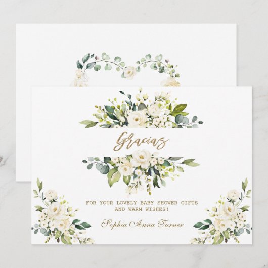 Aquarell White Floral Gold Gracias Baby Dusche Dankeskarte (Vorne/Hinten)