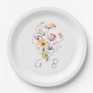 Aquarell-Wiesen-Wildblumen-Monogramm-Hochzeit Pappteller