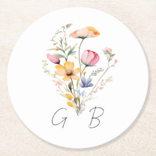 Aquarell-Wiesen-Wildblumen-Monogramm-Hochzeit Runder Pappuntersetzer