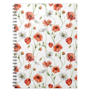 Aquarell-Wiesenmohn und weiße Wildblumen  Notizblock