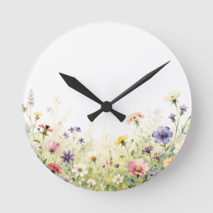 Aquarell-Wiesenrand mit Pastell-Blumen Runde Wanduhr