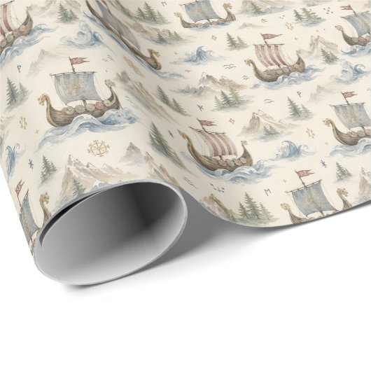 Aquarell Wikinger-Schiff Geschenkpapier (Rolleneckpunkt)