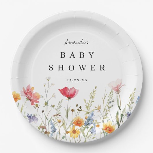 Aquarell Wildblume Baby Dusche Papier Teller (Vorderseite)