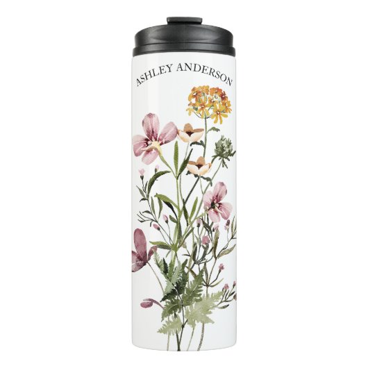 Aquarell Wildblume Bouquet #1 Personalisierter Nam Thermosbecher (Vorderseite)