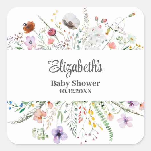 Aquarell-Wildblume Meadow Baby-Dusche Quadratischer Aufkleber (Vorderseite)