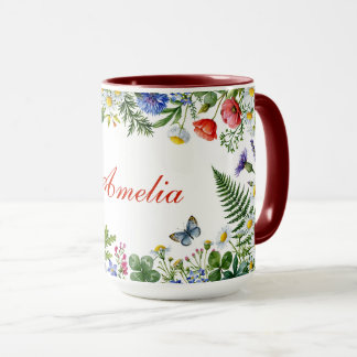 Aquarell-Wildblume mit individuellem Namen Tasse
