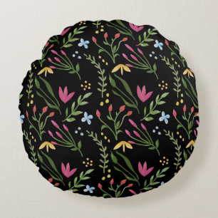 Aquarell-Wildblume Schwarz Botanisch Floral Rundes Kissen