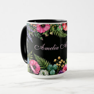 Aquarell-Wildblume Schwarz mit individuellem Namen Tasse