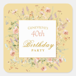 Aquarell-Wildblumen 40. Gelber Geburtstag Quadratischer Aufkleber