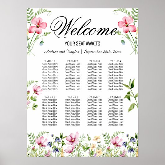 Aquarell-Wildblumen 8 Tische Hochzeitssitze Poster (Vorne)