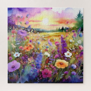 Aquarell: Wildblumen bei Sonnenuntergang Puzzle