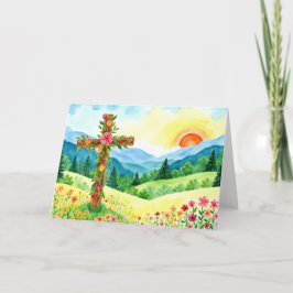 Aquarell-Wildblumen-Berg-Kreuz-Ostern Feiertagskarte