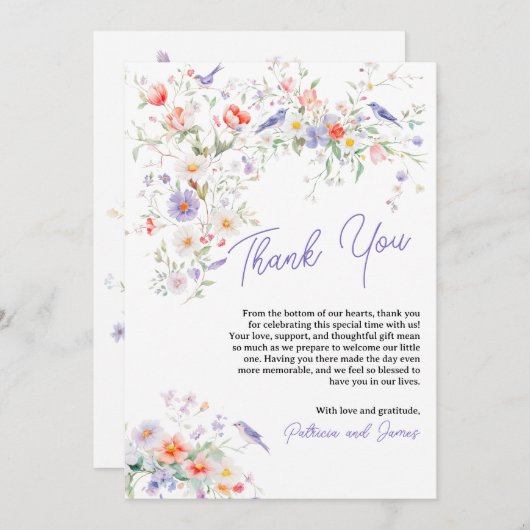 Aquarell Wildblumen Birds Babydusche Danke (Vorne/Hinten)