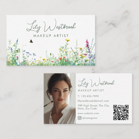 Aquarell-Wildblumen-Blumenskript-Foto-QR-Code Visitenkarte (Vorne/Hinten)
