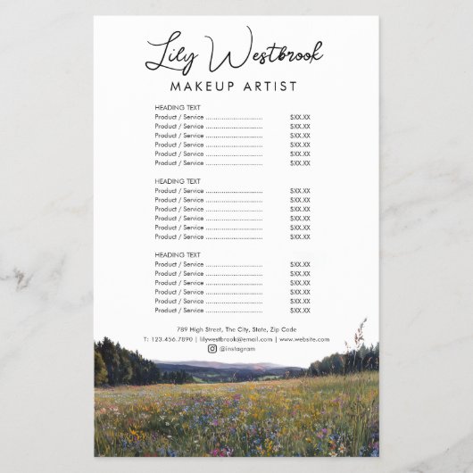 Aquarell-Wildblumen-Blumenskript-Service-Menü Flyer (Vorne)