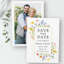Aquarell-Wildblumen Foto Save the Date Gold
