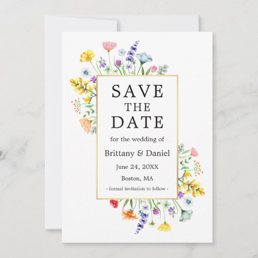 Aquarell-Wildblumen Foto Save the Date Gold (Vorderseite)