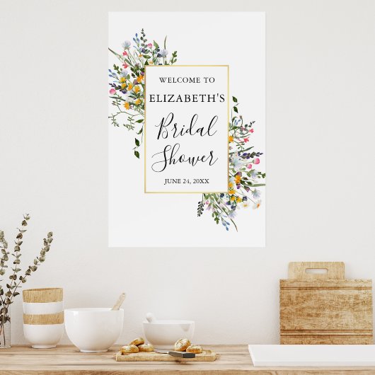 Aquarell-Wildblumen Goldrahmen Brautparty Poster (Küche)