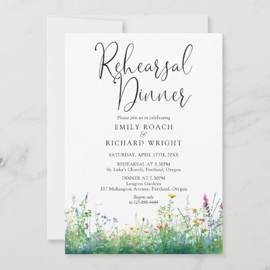 Aquarell-Wildblumen-Hochzeitsprobe-Dinner Einladung (Vorderseite)