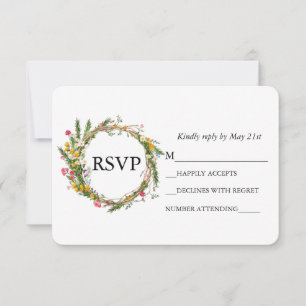 Aquarell-Wildblumen-Holz-Kranz-Hochzeit RSVP Karte
