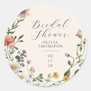 Aquarell-Wildblumen-Kranz-Schrift-Brautabschiedspa Runder Aufkleber