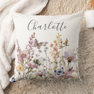 Aquarell-Wildblumen-Monogramm-Name  Kissen
