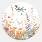 Aquarell-Wildblumen-Monogramm Personalisierter Nam Runder Aufkleber (Vorderseite)